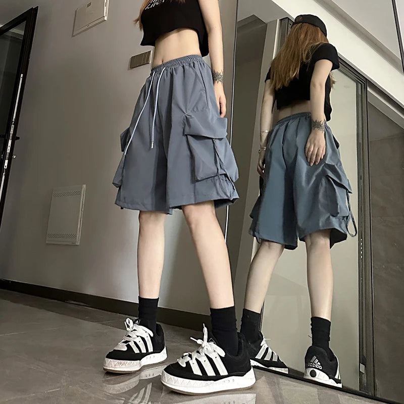 ZOKI Pantaloncini cargo a vita alta da donna Stile americano Streetwear Estate Pantaloni a gamba larga