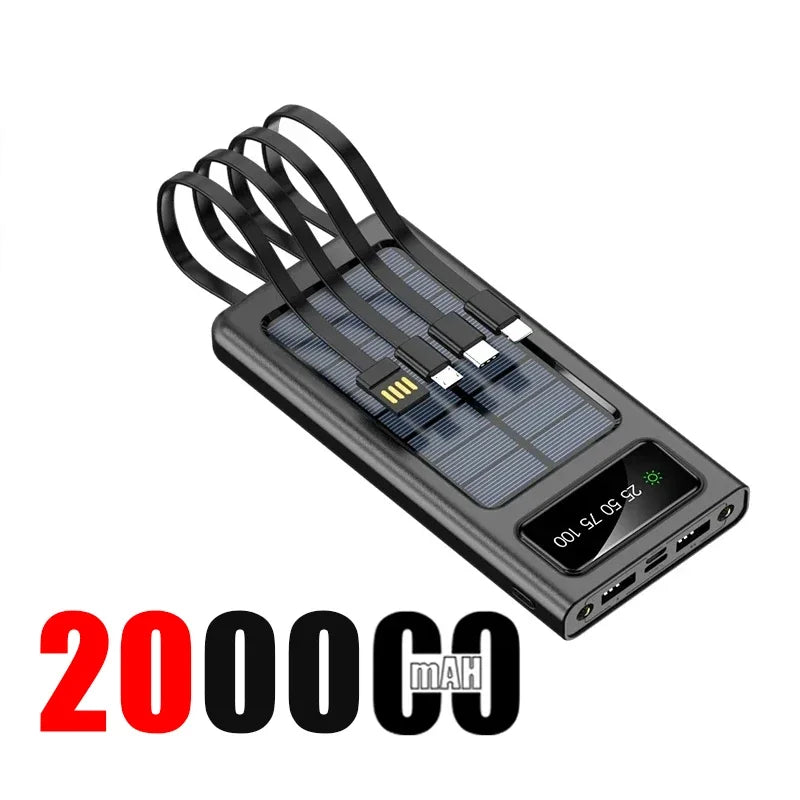 200000mAh Powerbank di con carica di energia solare  Ricarica super veloce e Display digitale 4 cavi Batteria esterna