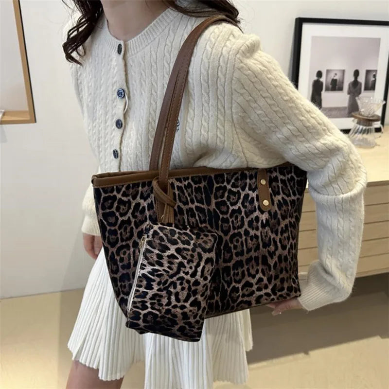 Borsa Leopard con custodia, elegante borsa a tracolla in pelle sintetica, shopping bag di grande capacità per l’uso quotidiano