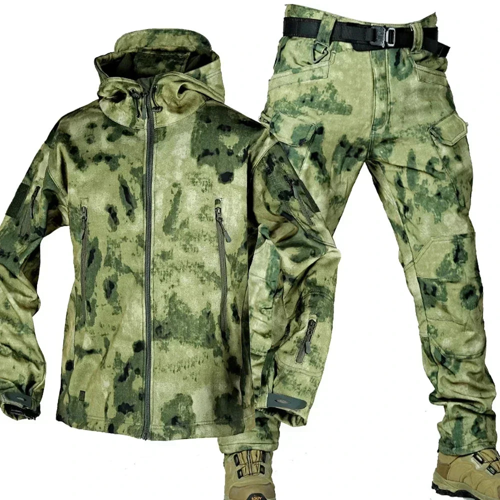 Giacca con cappuccio multi-tasche + Pantaloni in pile da Caccia Impermeabile