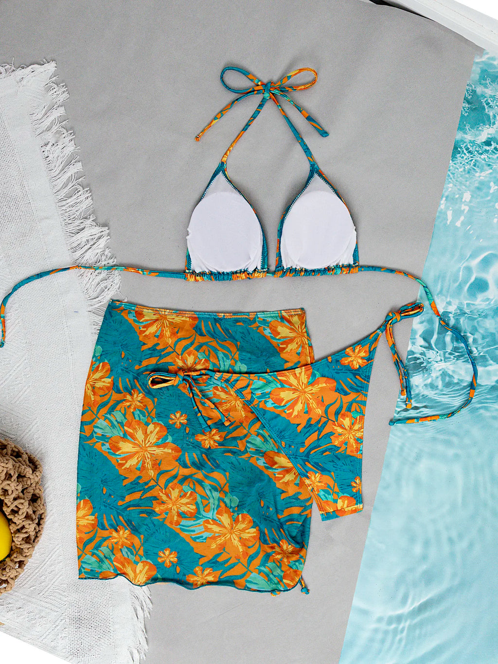 Set 3 Pz costume da bagno da donna con stampa di piante tropicali verde e arancione, pantaloni a triangolo sexy con gonna a rete