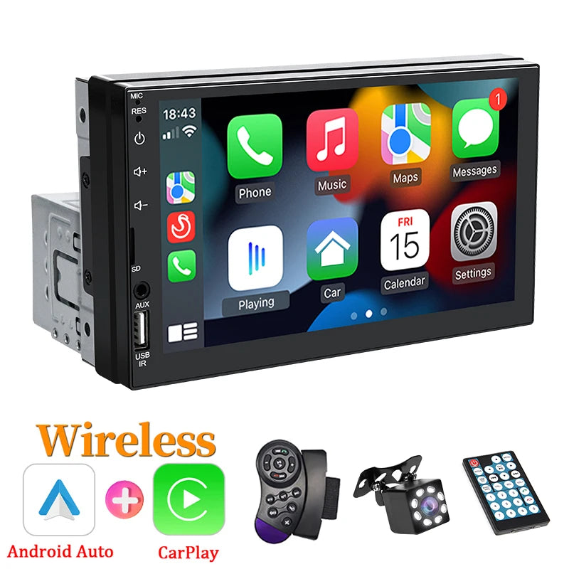 Hippcron 7" 1Din Car Radio Wireless CarPlay Android Auto Bluetooth AUX USB Universal Multimedia MP5 Player Mirror Link Autoradio