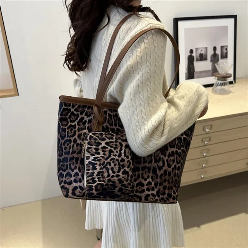 Borsa Leopard con custodia, elegante borsa a tracolla in pelle sintetica, shopping bag di grande capacità per l’uso quotidiano