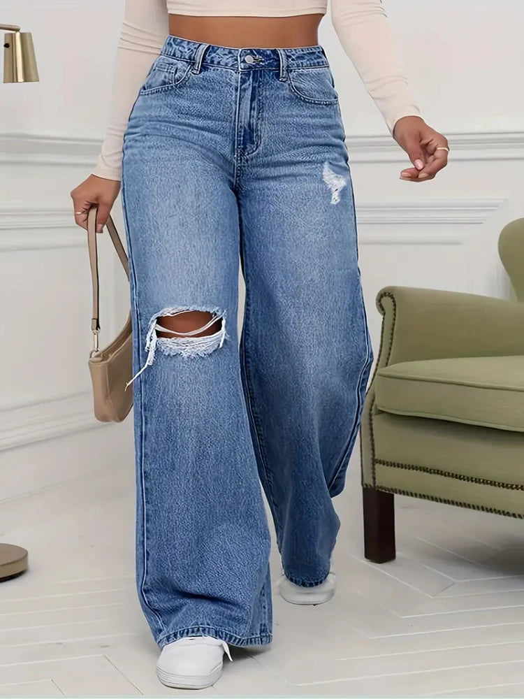 Jeans da donna Gamba larga Pantaloni vintage con strappi invecchiati 2026