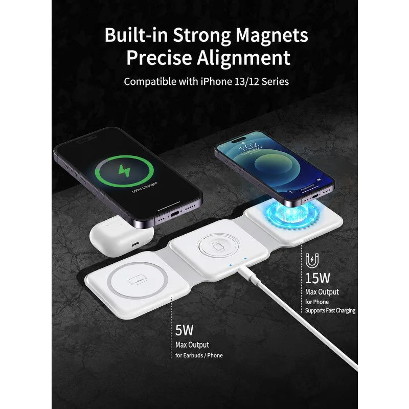 Stazione di ricarica magnetica da viaggio wireless charter portatile 3 in 1 completamente compatibile con il dock di ricarica compatto pieghevole MagSafe