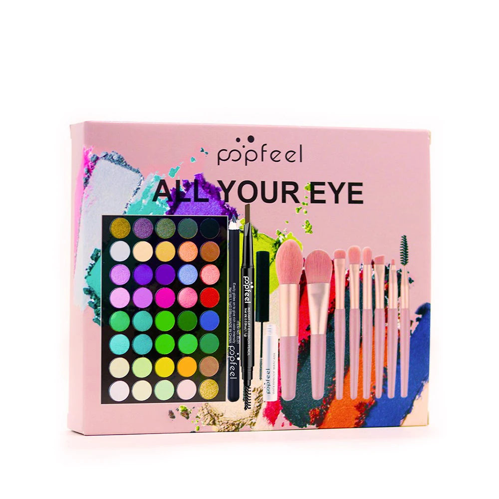 POPFEEL Set per il trucco 40 colori di ombretti, Matita per sopracciglia, Eyeliner Pen, Mascara e set di pennelli