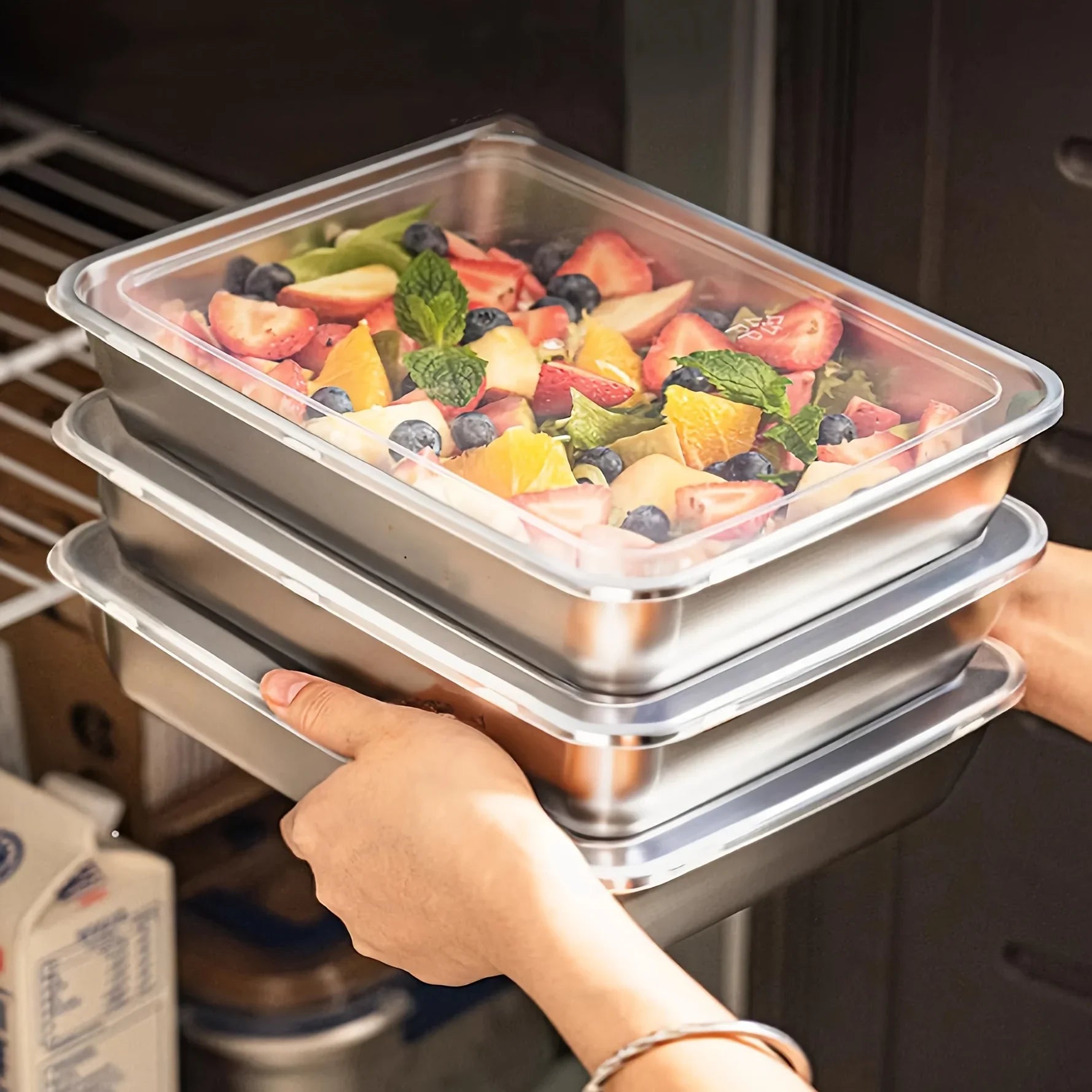 3 pezzi contenitori per alimenti in acciaio inossidabile e coperchi trasparenti