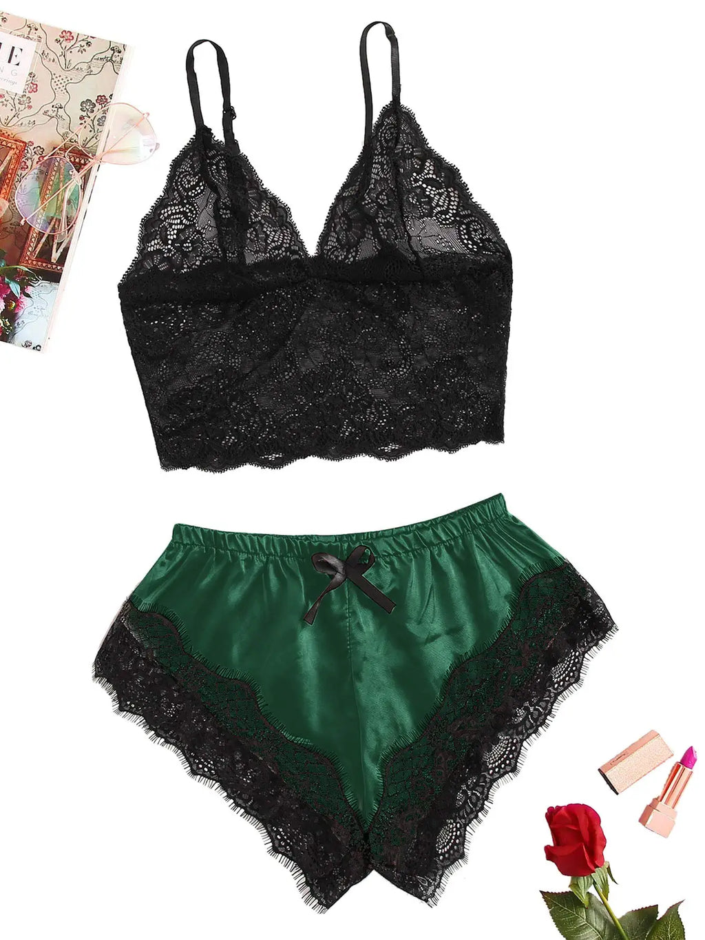 Set di pigiama in pizzo sexy da donna 2 pezzi Top