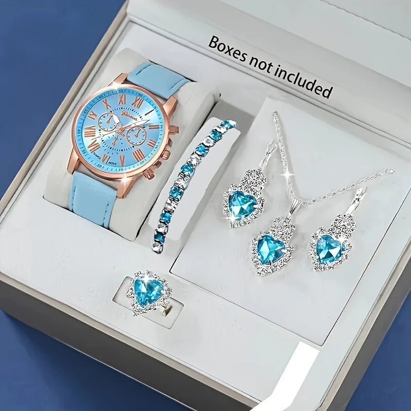 Set di orologi e gioielli al quarzo alla moda, display digitale analogico circolare resistente agli urti, cinturino in pelle PU, no box included