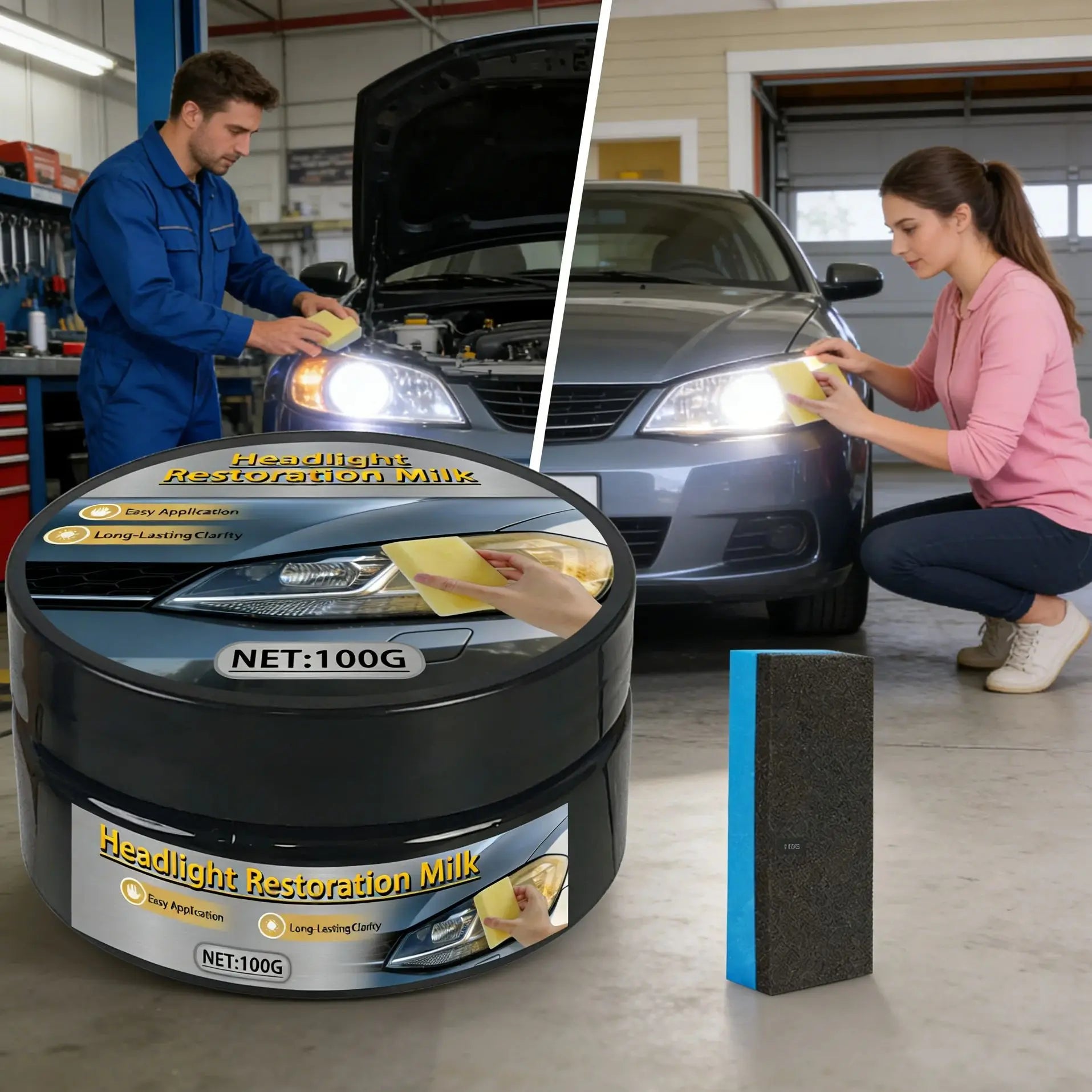 Crema per il restauro dei fari di grado garage, riparazione professionale fai-da-te, alternativa conveniente ai servizi di negozio