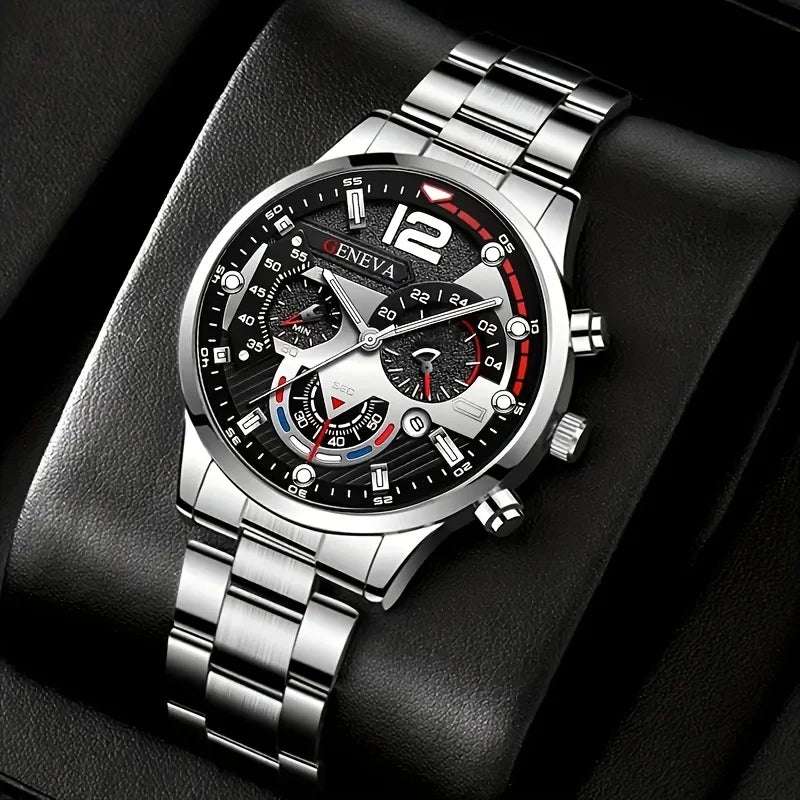 Orologio al quarzo da uomo alla moda - cinturino in acciaio inossidabile, cassa rotonda in lega di zinco, set 4 pezzi