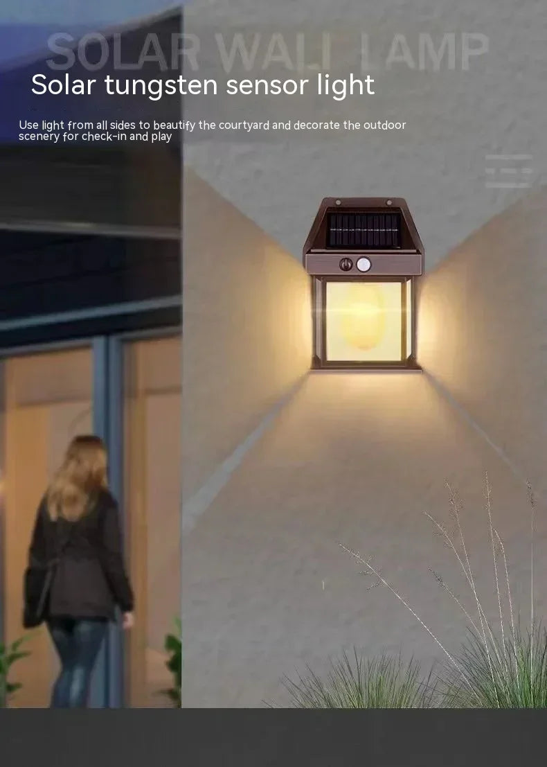 Lampada da parete al tungsteno solare Sensore di movimento all’aperto 3 modalità Lampada a induzione solare