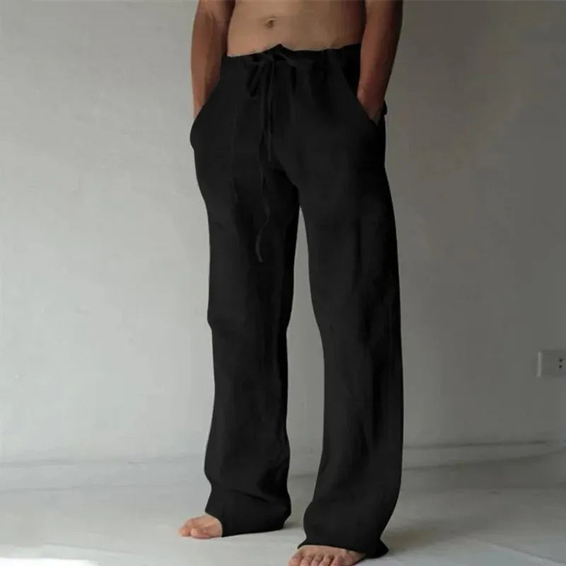 Pantaloni lunghi in lino da uomo estivi, traspiranti, in tinta unita con elastico in vita