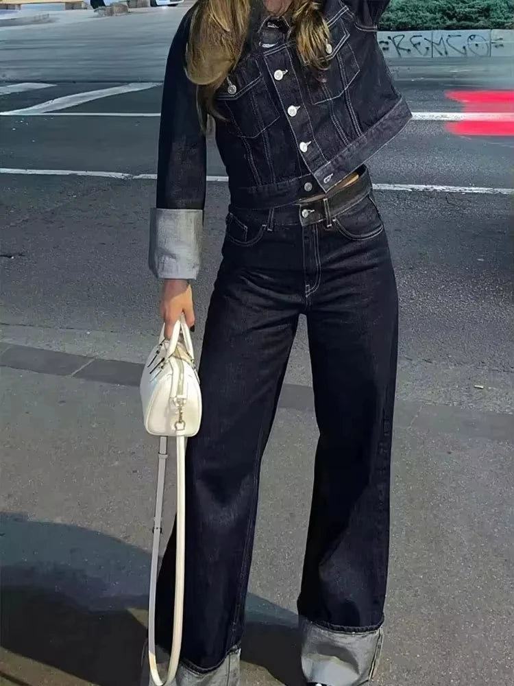 Set Casual Risvolto Manica Lunga Crop Giacca Bottoni Femminile Vintage Gamba Larga Jeans