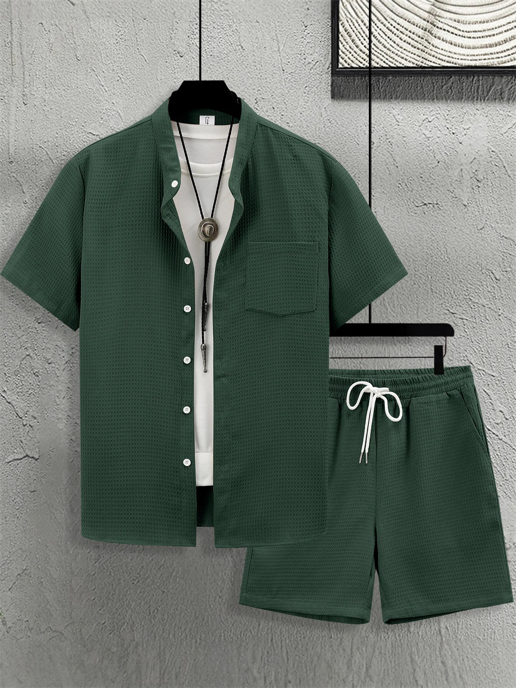 Set di camicie e pantaloncini a maniche corte Waffle da uomo Estate Casual 2 pezzi