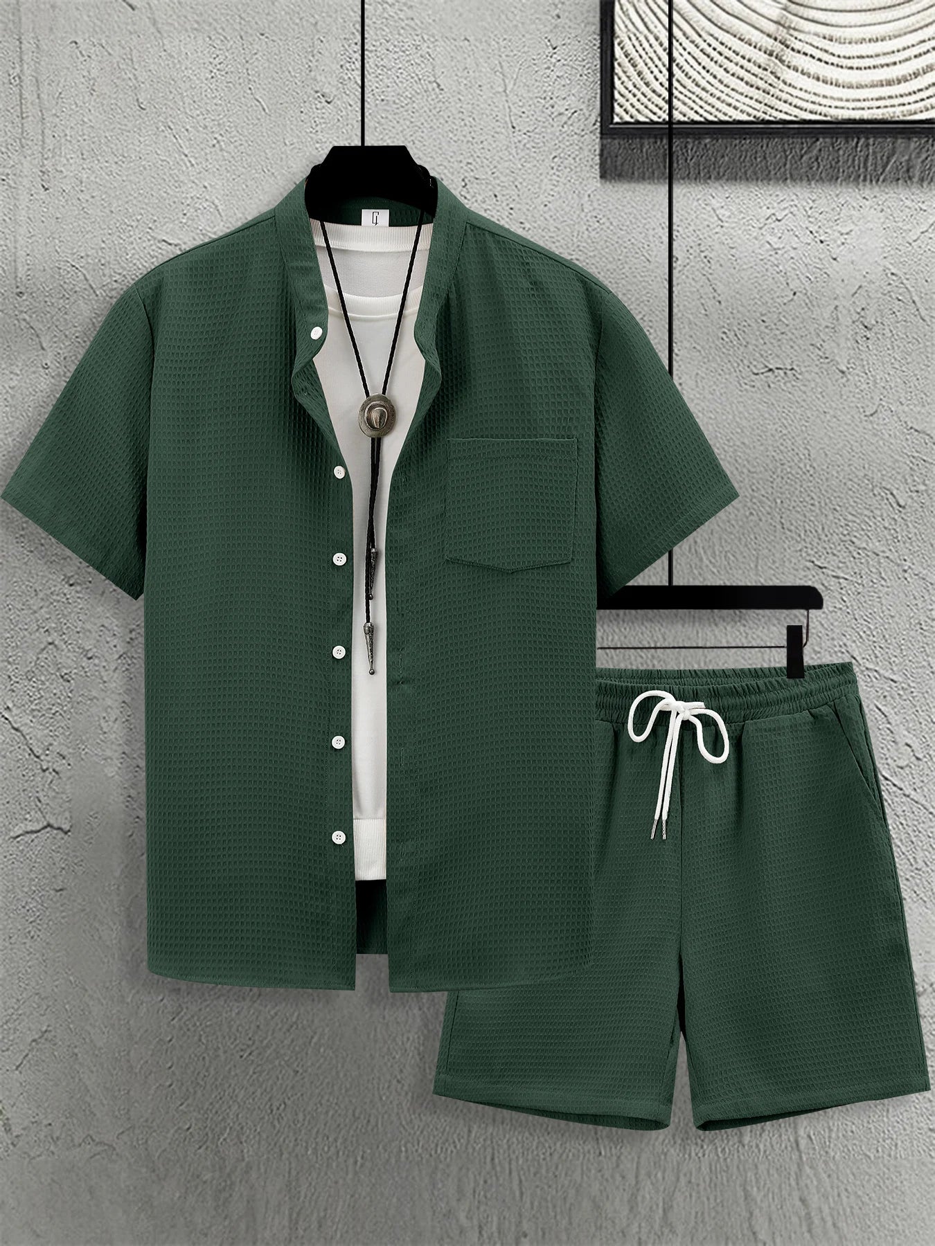 Set di camicie e pantaloncini a maniche corte Waffle da uomo Estate Casual 2 pezzi