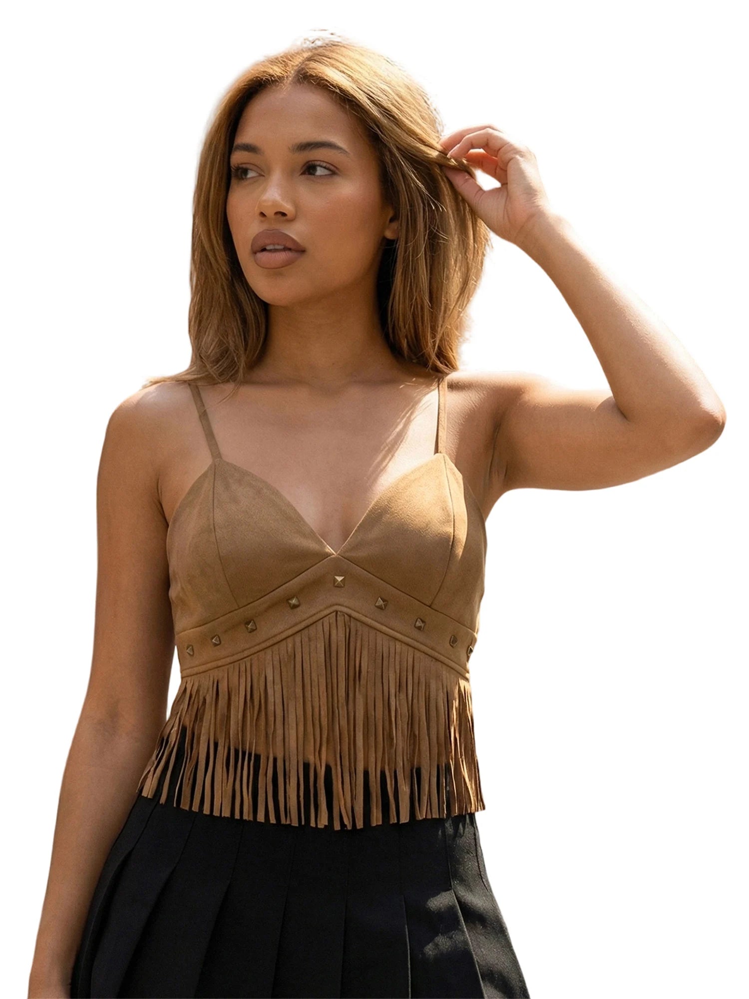 Corsetto con nappe estive da donna Top Retro Cowboy Elegante senza maniche con scollo a V