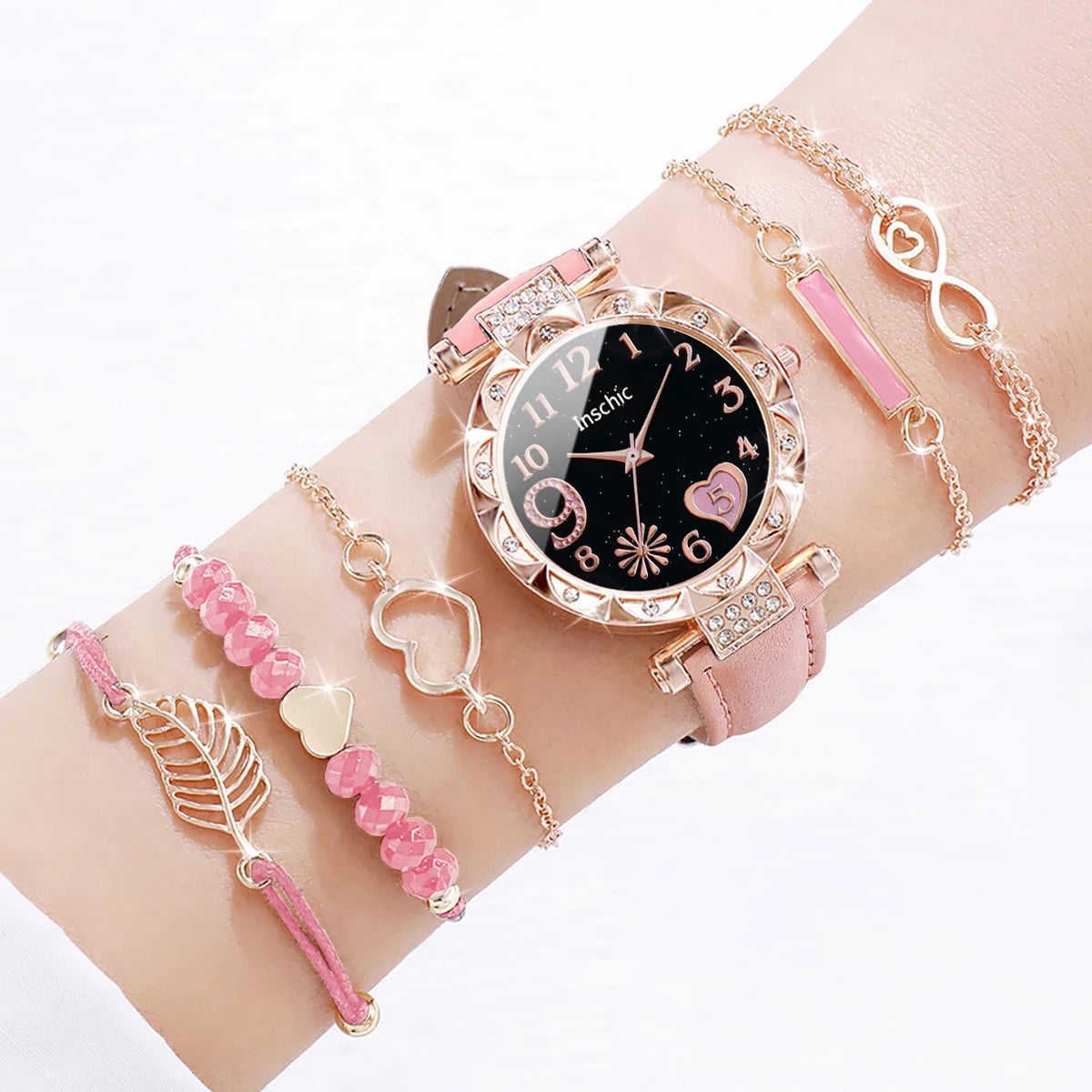 6PCS/Set Moda Quadrante a cuore Orologio da donna Casual Cinturino in pelle Orologio analogico al quarzo Set di bracciali a foglia (senza scatola)