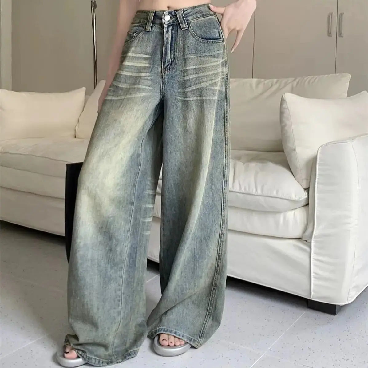 Y2K Pantaloni Jeans Larghi Donna Vestibilità Casual Vita Alta Retrò