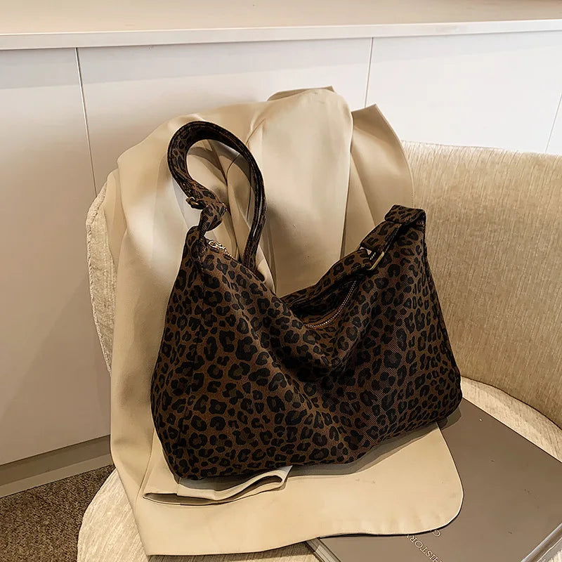 Borsa a tracolla da donna in tessuto morbido alla moda Borsa a tracolla da donna con stampa leopardata di grande capacità