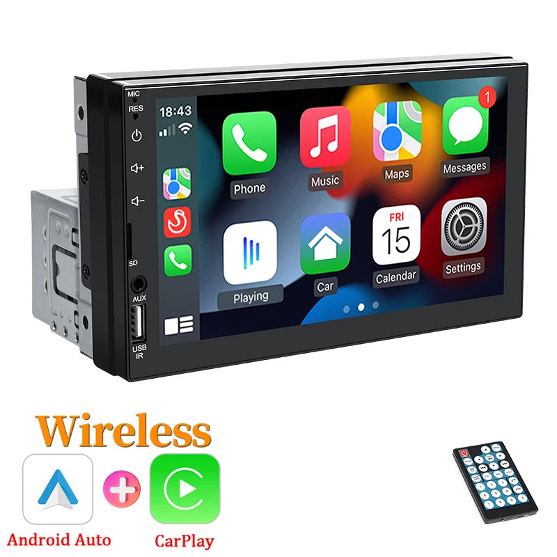 Hippcron 7" 1Din Car Radio Wireless CarPlay Android Auto Bluetooth AUX USB Universal Multimedia MP5 Player Mirror Link Autoradio