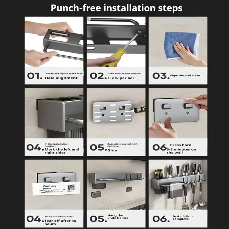 Organizzatore da cucina a parete in acciaiol resistente, senza trapano per coltelli, Utensili, Taglieri