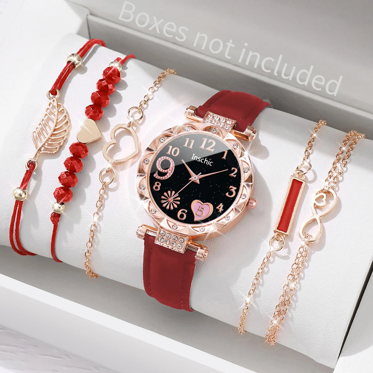 6PCS/Set Moda Quadrante a cuore Orologio da donna Casual Cinturino in pelle Orologio analogico al quarzo Set di bracciali a foglia (senza scatola)