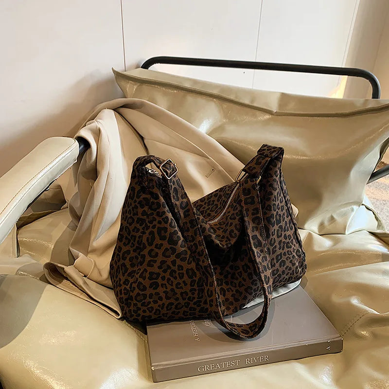 Borsa a tracolla da donna in tessuto morbido alla moda Borsa a tracolla da donna con stampa leopardata di grande capacità