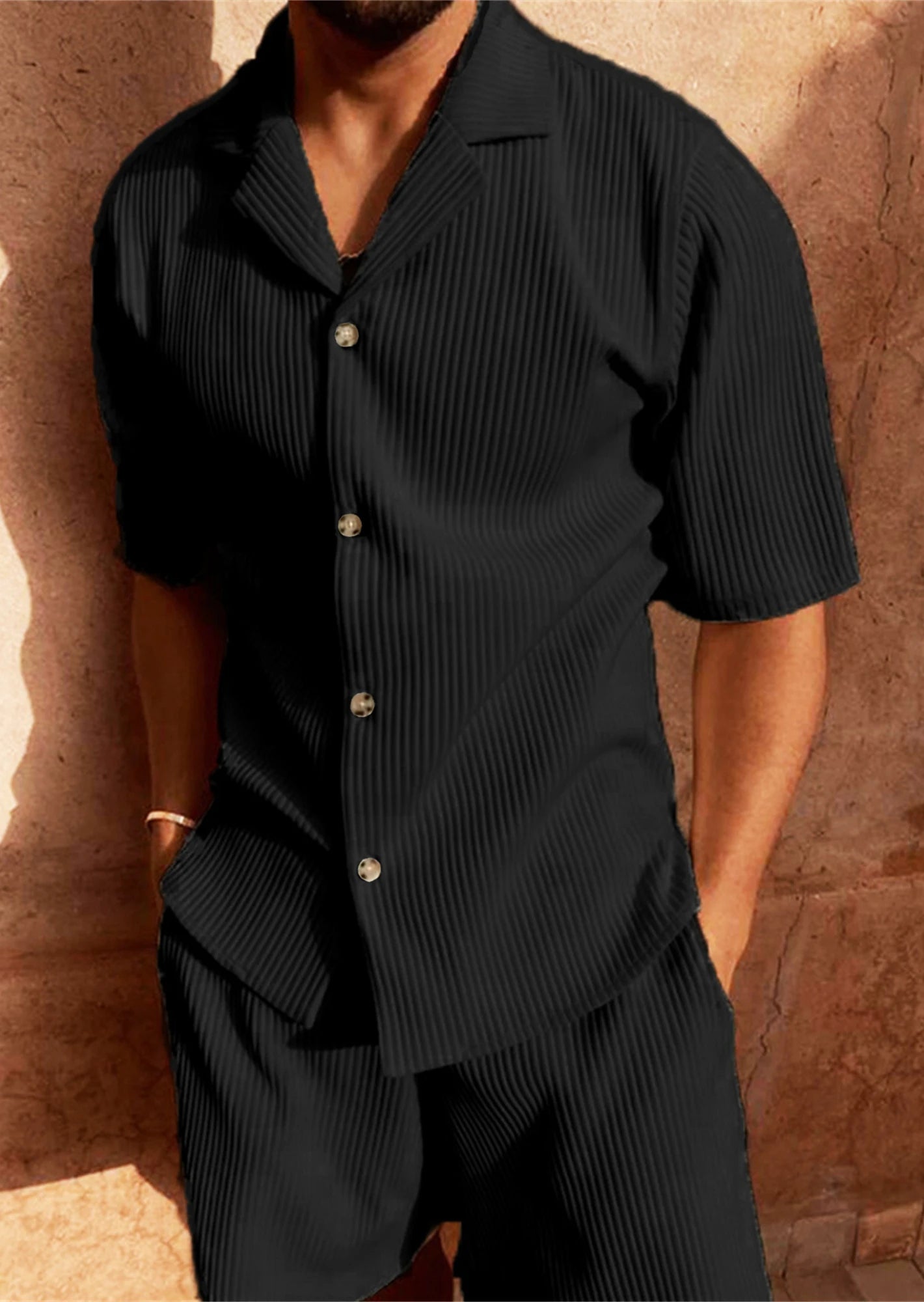 Abito Uomo estate in velluto a coste tinta unita camicia e pantaloncini abiti casual da spiaggia elasticizzati