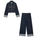 Set Casual Risvolto Manica Lunga Crop Giacca Bottoni Femminile Vintage Gamba Larga Jeans