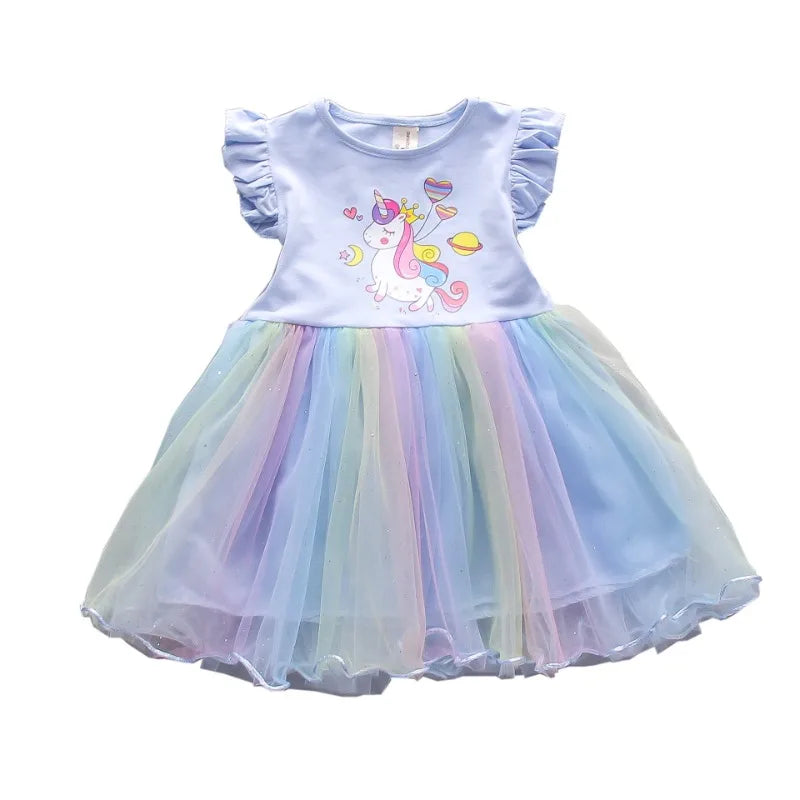 Abito da festa estivo principessa unicorno per ragazze con maniche volanti Abbigliamento per bambini 3-8 anni