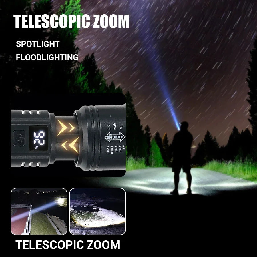 Torce a led ad alta potenza forte 2000LM Torcia tattica con luce del display Ricarica USB