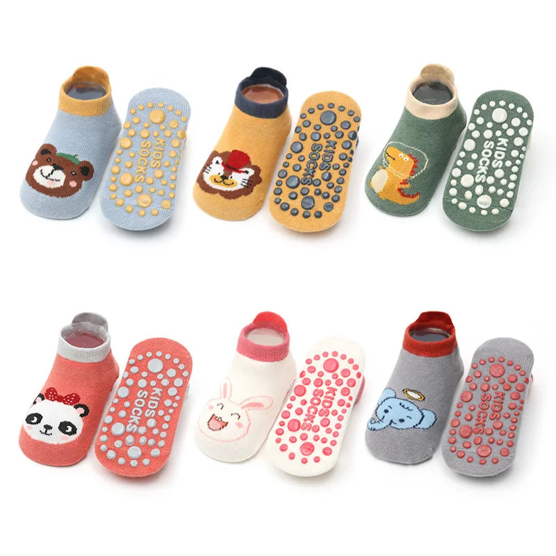 6 paia di calzini di cotone antiscivolo per bambini Cartoon Animal Pattern