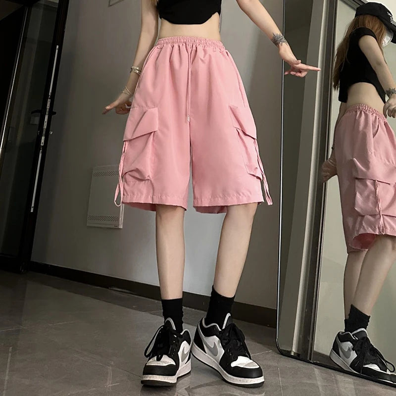 ZOKI Pantaloncini cargo a vita alta da donna Stile americano Streetwear Estate Pantaloni a gamba larga