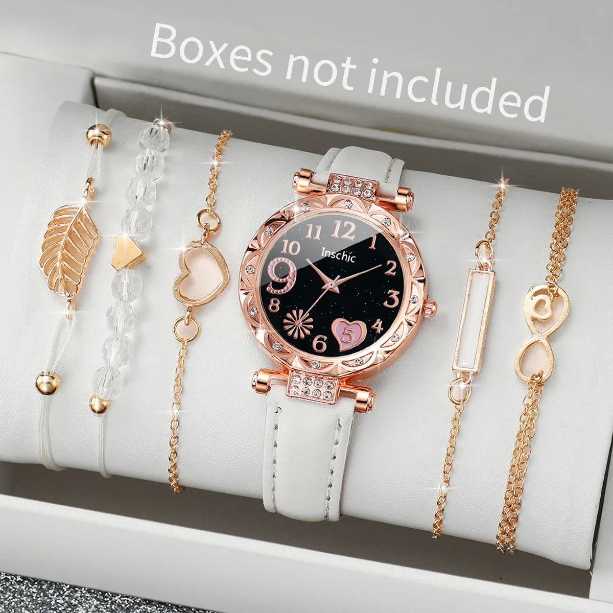 6PCS/Set Moda Quadrante a cuore Orologio da donna Casual Cinturino in pelle Orologio analogico al quarzo Set di bracciali a foglia (senza scatola)