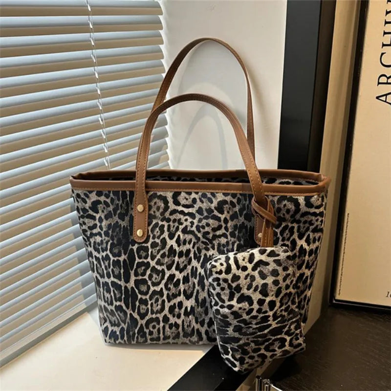 Borsa Leopard con custodia, elegante borsa a tracolla in pelle sintetica, shopping bag di grande capacità per l’uso quotidiano