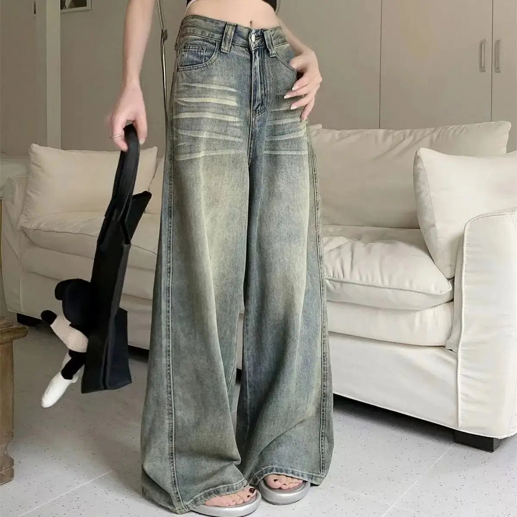 Y2K Pantaloni Jeans Larghi Donna Vestibilità Casual Vita Alta Retrò
