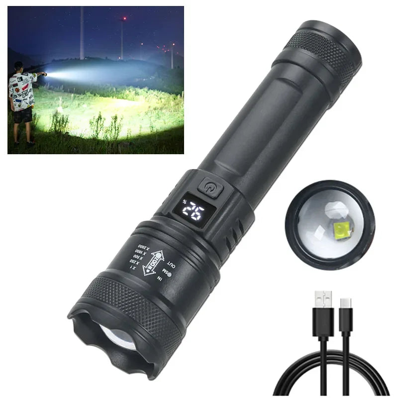 Torce a led ad alta potenza forte 2000LM Torcia tattica con luce del display Ricarica USB