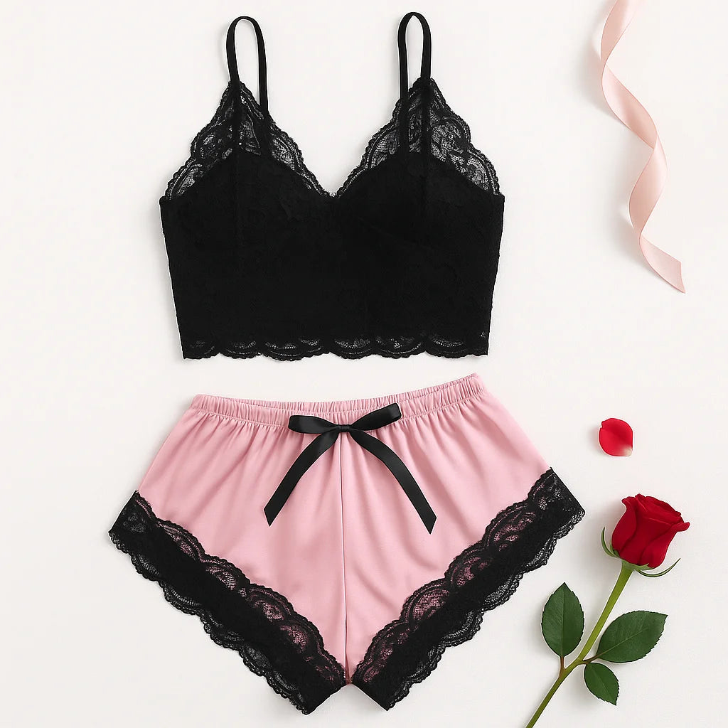 Set di pigiama in pizzo sexy da donna 2 pezzi Top