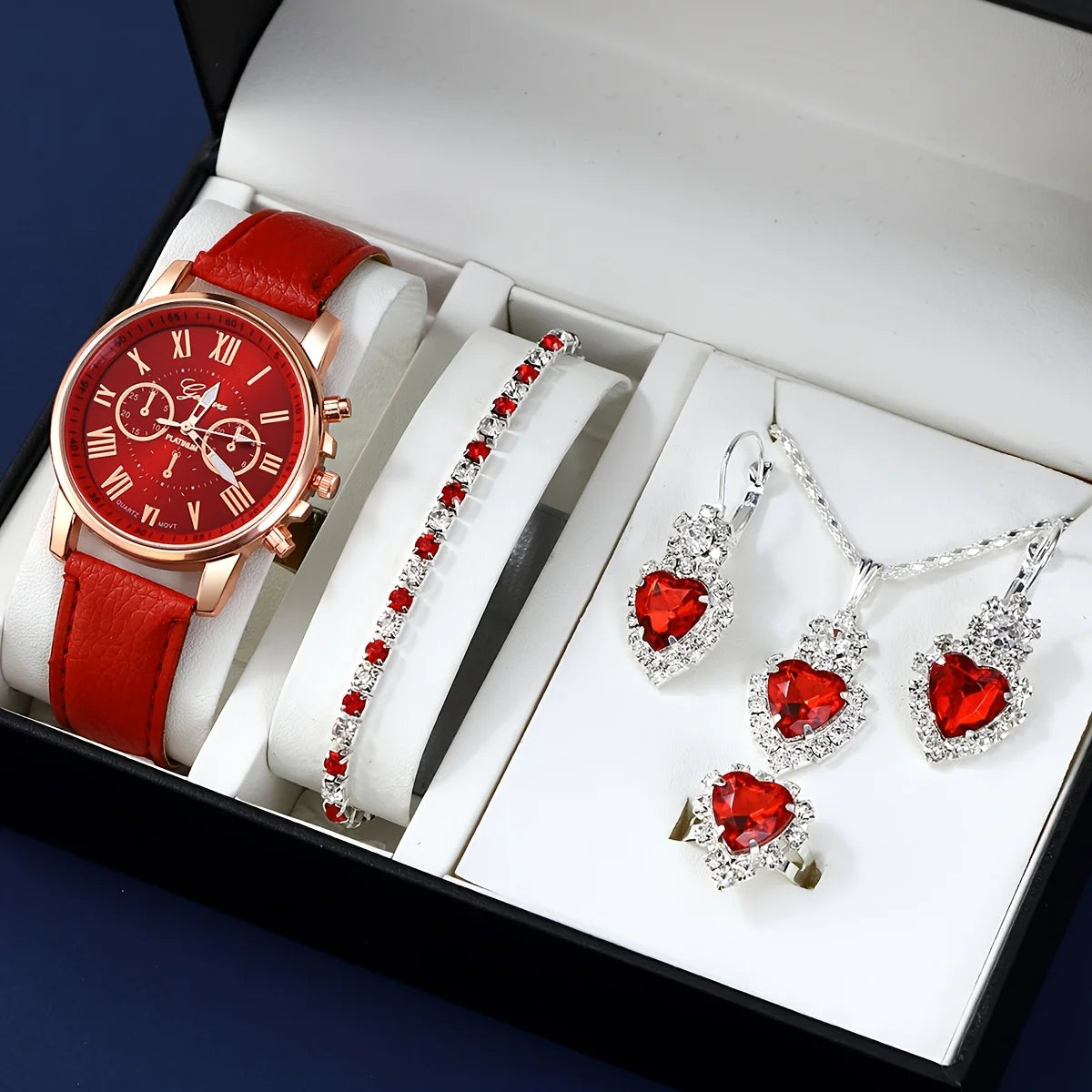 Set di orologi e gioielli al quarzo alla moda, display digitale analogico circolare resistente agli urti, cinturino in pelle PU, no box included