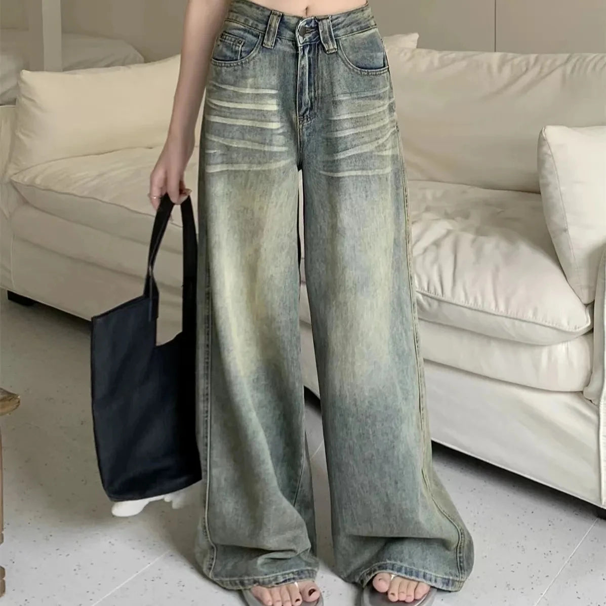 Y2K Pantaloni Jeans Larghi Donna Vestibilità Casual Vita Alta Retrò