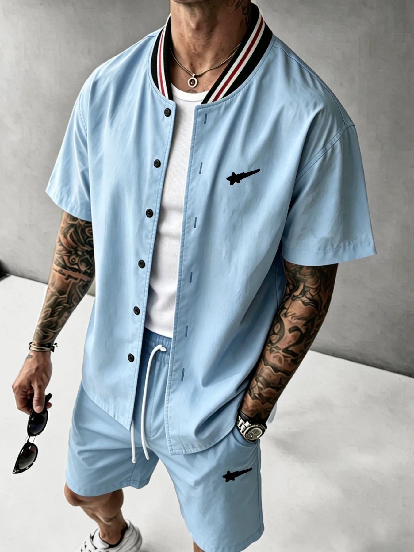Set di camicie a maniche corte a costine con stampa High Street in stile americano da uomo: set estivo casual e atletico in due pezzi