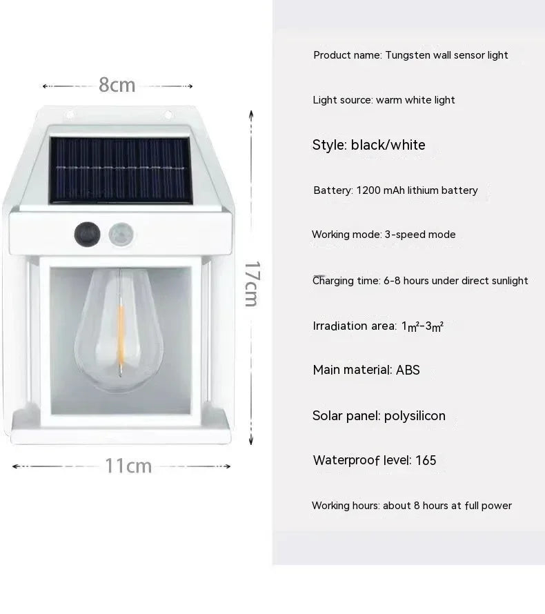 Lampada da parete al tungsteno solare Sensore di movimento all’aperto 3 modalità Lampada a induzione solare