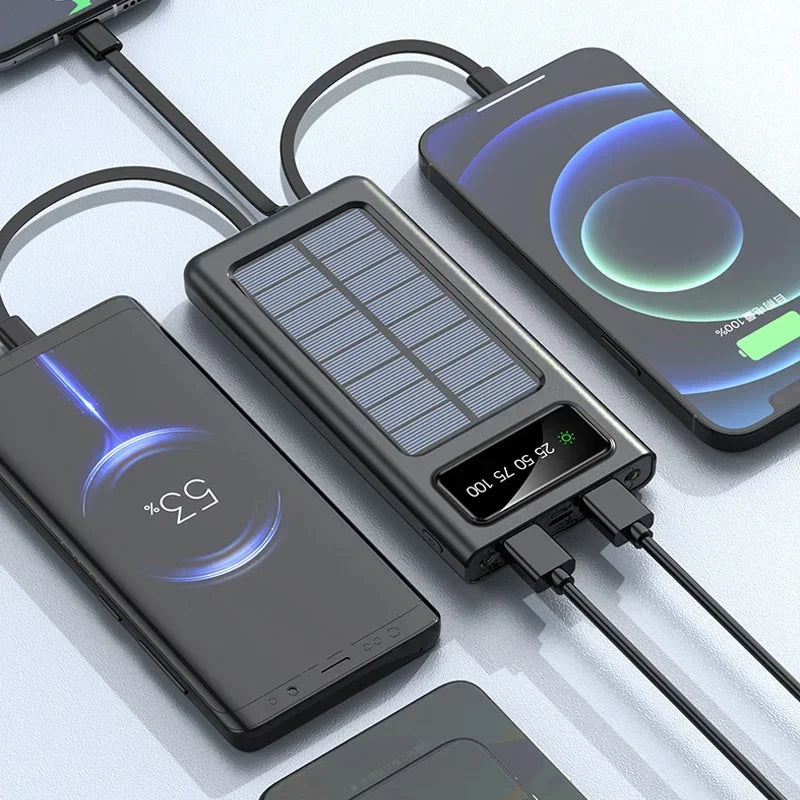 200000mAh Powerbank di con carica di energia solare  Ricarica super veloce e Display digitale 4 cavi Batteria esterna