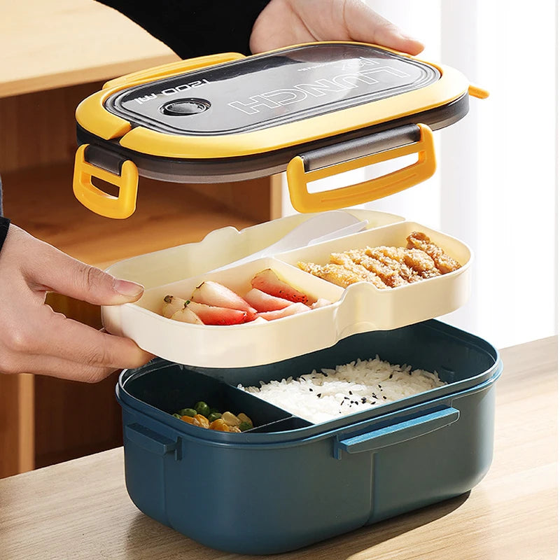 Scatola per il pranzo  a doppio strato Scomparto portatile Scatola per alimenti per frutta Scatola per pranzo al microonde con forchetta e cucchiaio Scatola fresca da picnic