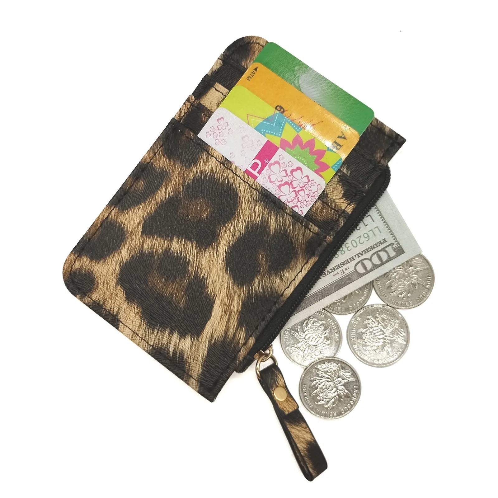Nuovo portafoglio sottile in pelle con motivo leopardo per donne Portamonete con cerniera piccola