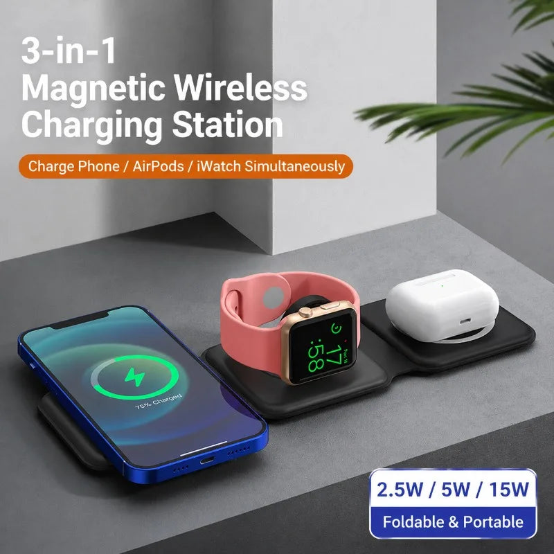 Stazione di ricarica magnetica da viaggio wireless charter portatile 3 in 1 completamente compatibile con il dock di ricarica compatto pieghevole MagSafe