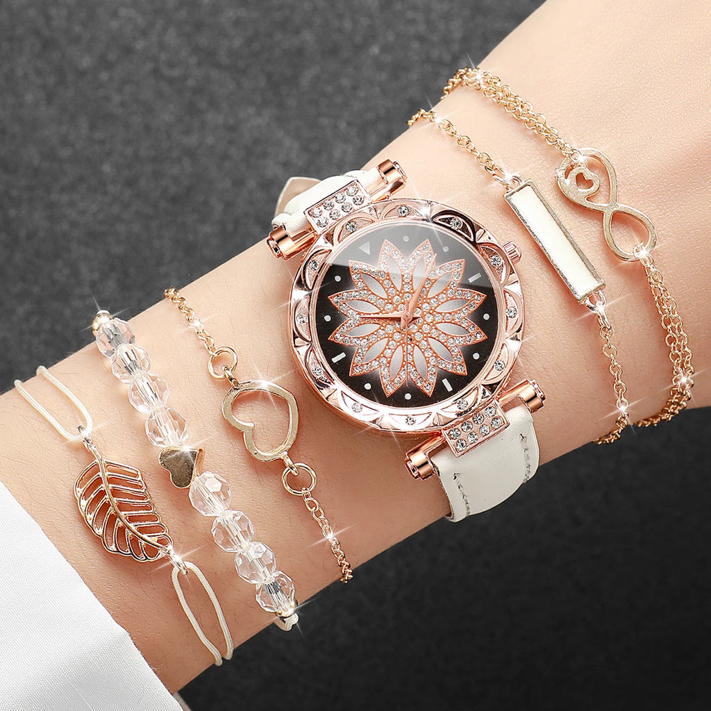 6PCS/Set Moda Quadrante a cuore Orologio da donna Casual Cinturino in pelle Orologio analogico al quarzo Set di bracciali a foglia (senza scatola)