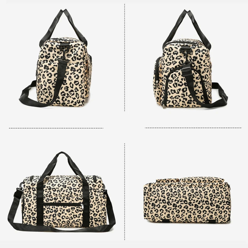 Classica borsa da viaggio di grande capacità con stampa leopardata con tasche multiple e scomparto per scarpe
