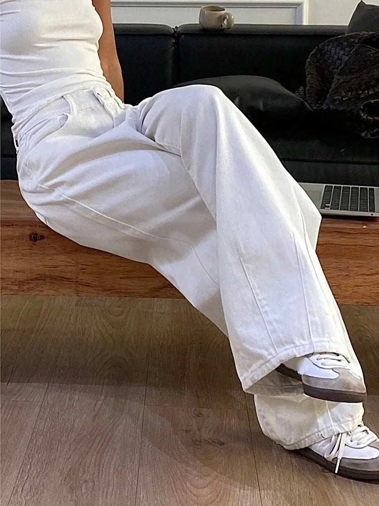 Jeans Donna Larghi Vita Alta Tasca Bianco Solido Retro